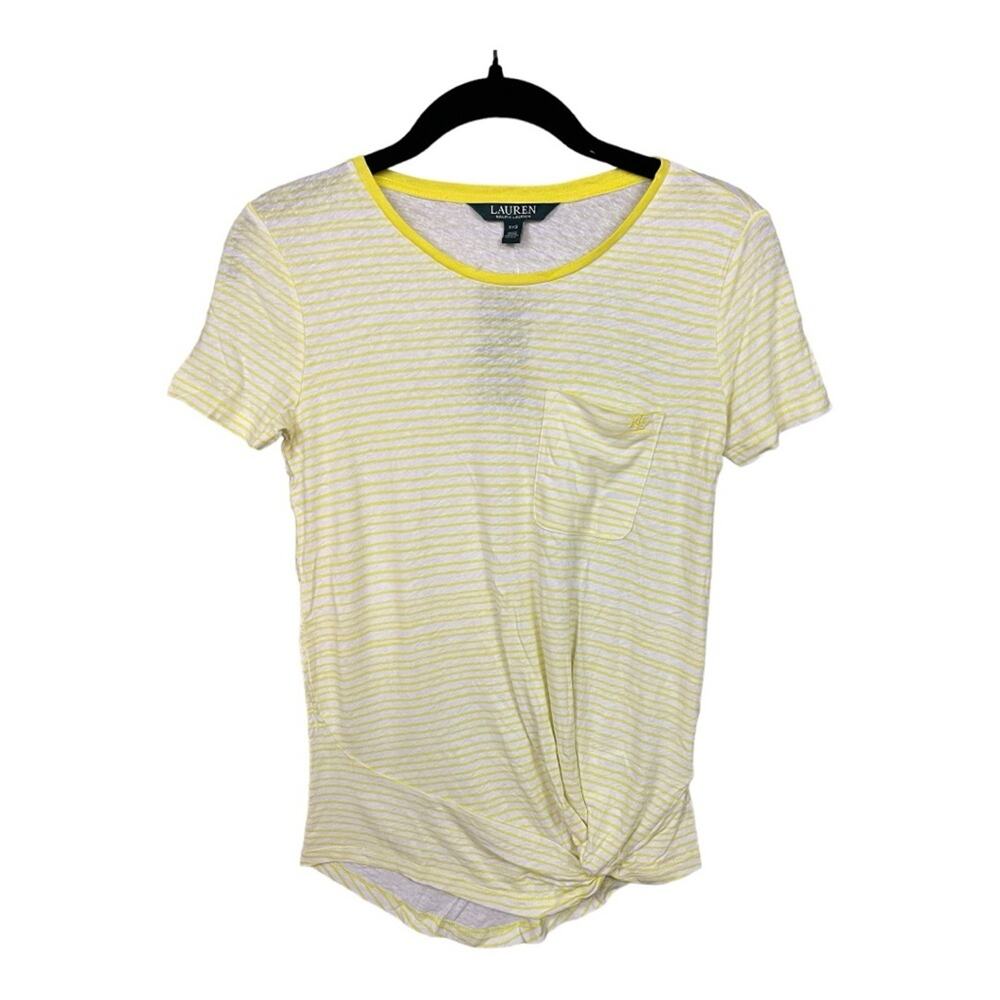 Lauren Ralph Lauren Knotted Front Capped Sleeve T-Shirt‎ Yellow and White XXS
